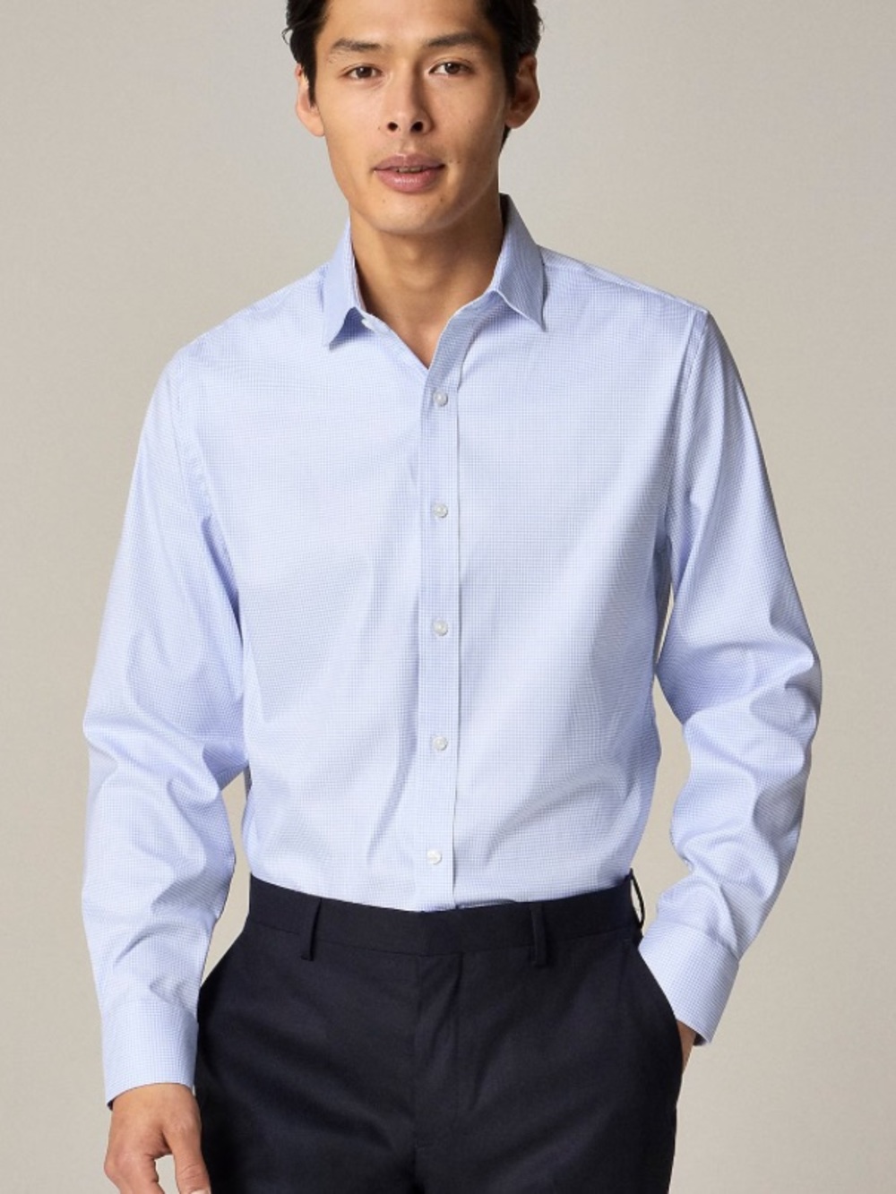 J crew micro check blue Slim Bowery performance stretch shirt spread collar